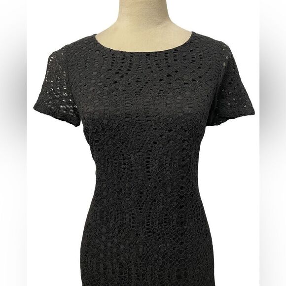 J. Crew Black Cocktail Dress w/Eyelet Designs Sheer Short Sleeves (Size; 00) - Picture 2 of 12